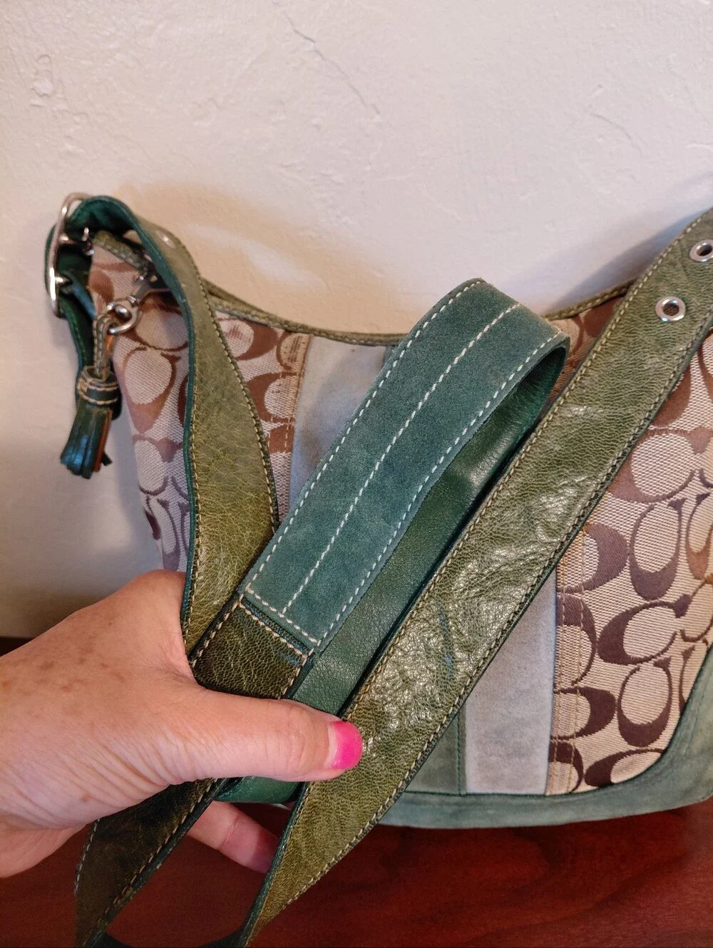 Coach Vintage Signature Stripe Hobo Bag Green Suede Style Number 6877